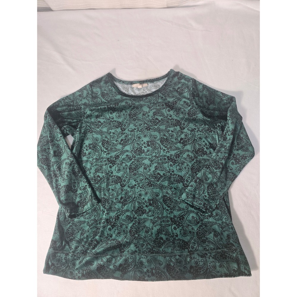 WOMAN WITHIN Green Black Paisley Print Long Sleeve Crew Neck Top M14-16Plus Size